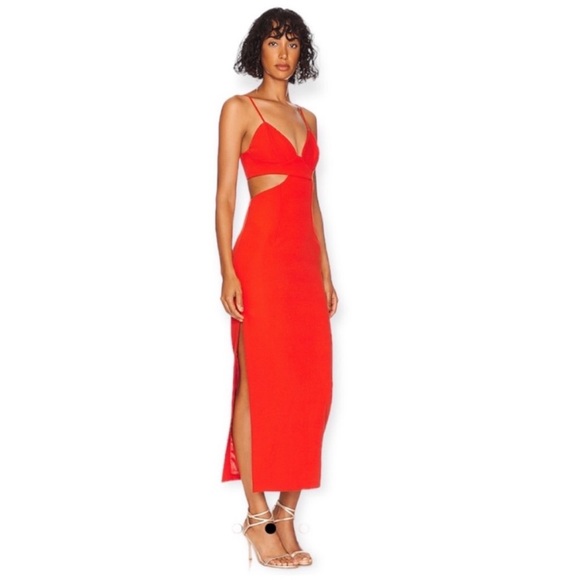 Bardot Cut Out Slit Midi Dress in Orange